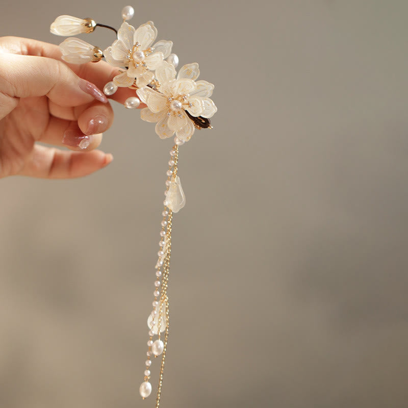 Classical Magnolia and Pearl Tassel Side Hair Clip for Elegant Styling