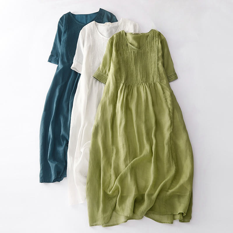 Casual Accordion Pleat Plain V-neck Short Sleeve Cotton Midi Dress With Pockets