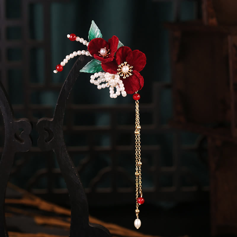 Antiquity Floral Pearl Tassel Hair Clip Set
