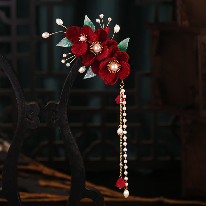 Antiquity Floral Pearl Tassel Hair Clip Set