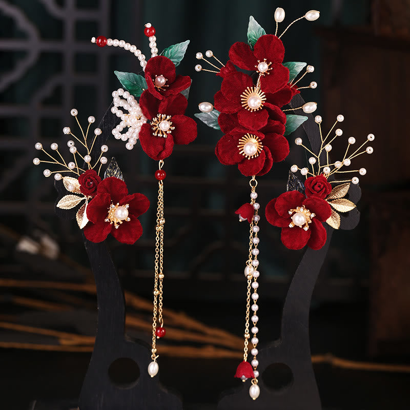 Antiquity Floral Pearl Tassel Hair Clip Set