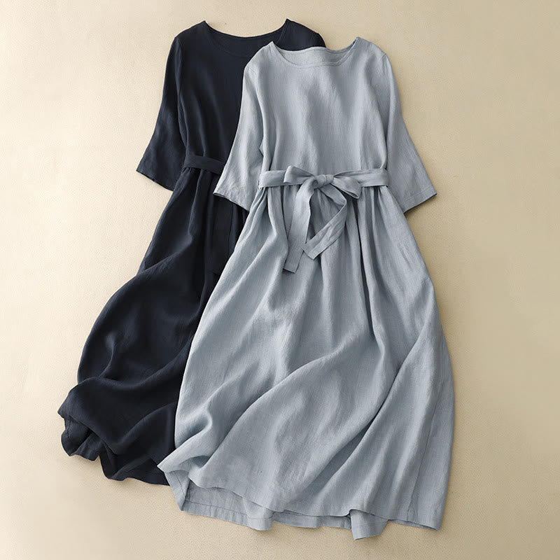 Cotton Linen Relaxed Half-Sleeve Grounding Midi Dress