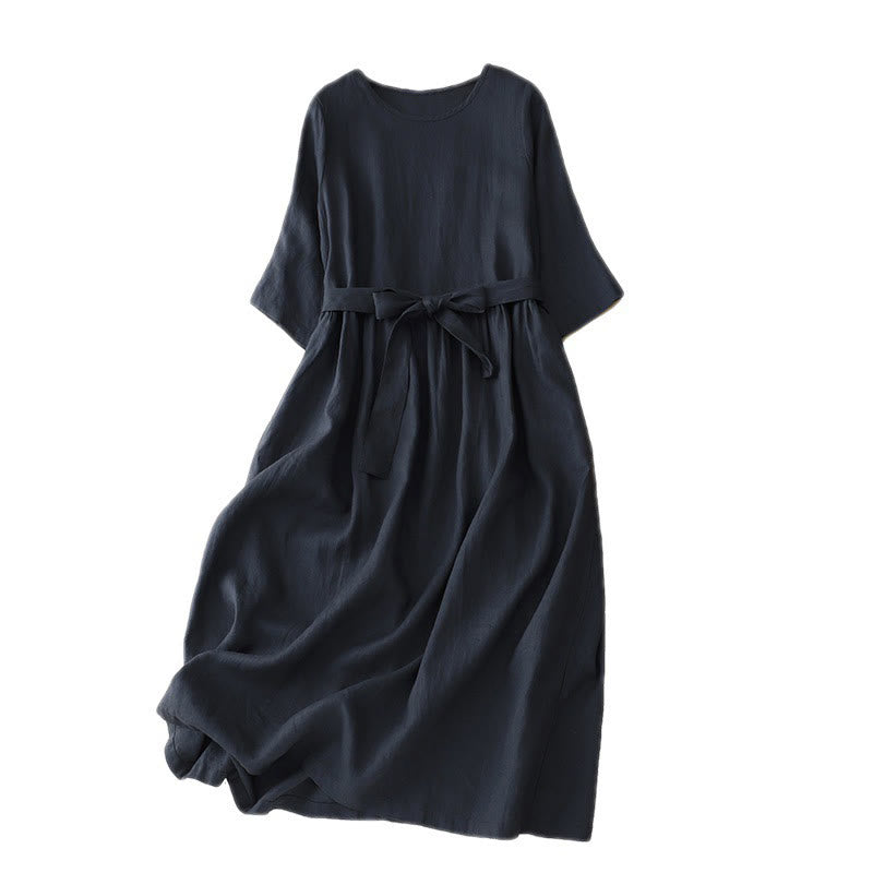 Cotton Linen Relaxed Half-Sleeve Grounding Midi Dress