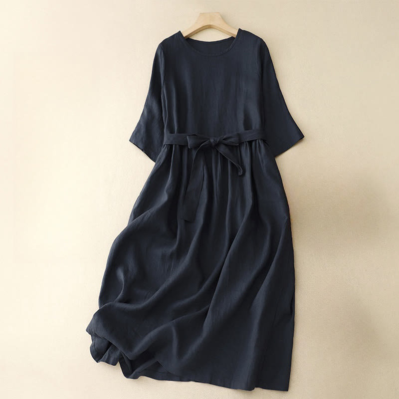 Cotton Linen Relaxed Half-Sleeve Grounding Midi Dress