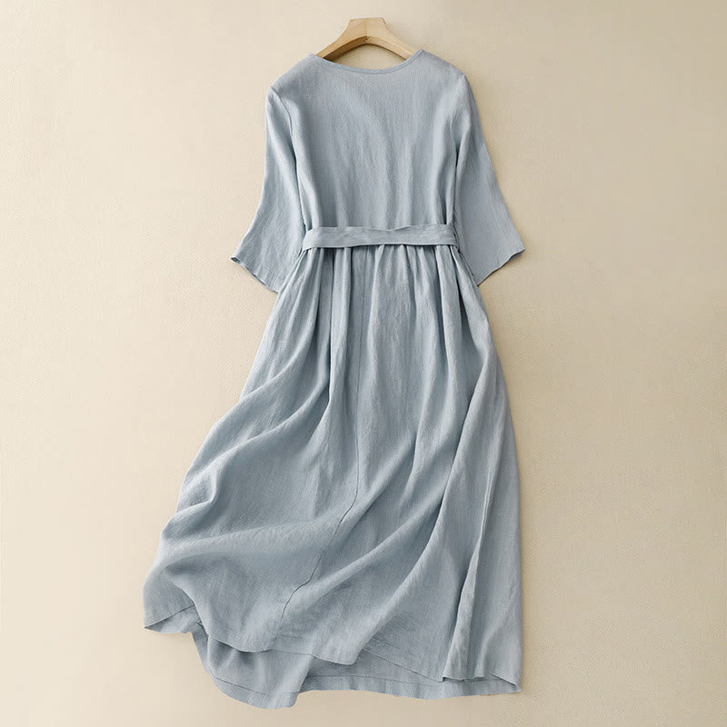 Cotton Linen Relaxed Half-Sleeve Grounding Midi Dress