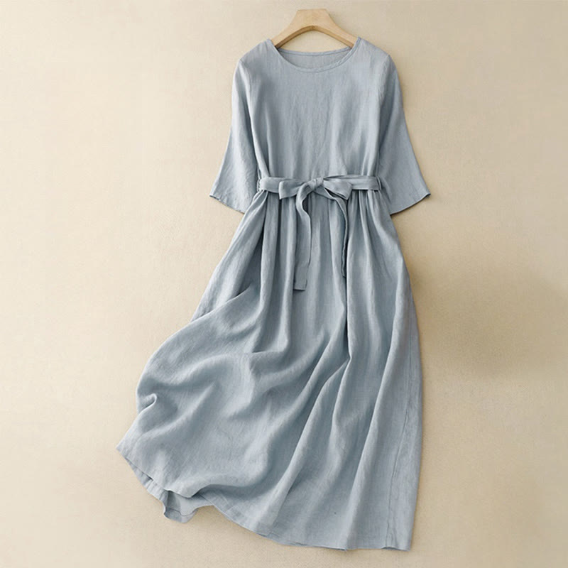 Cotton Linen Relaxed Half-Sleeve Grounding Midi Dress