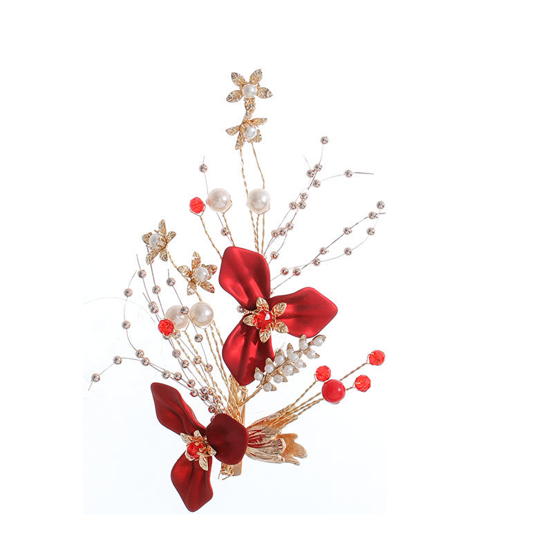 Traditional Red Floral Branch and Pearl Bridal Hair Clip Set