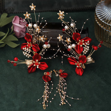 Traditional Red Floral Branch and Pearl Bridal Hair Clip Set