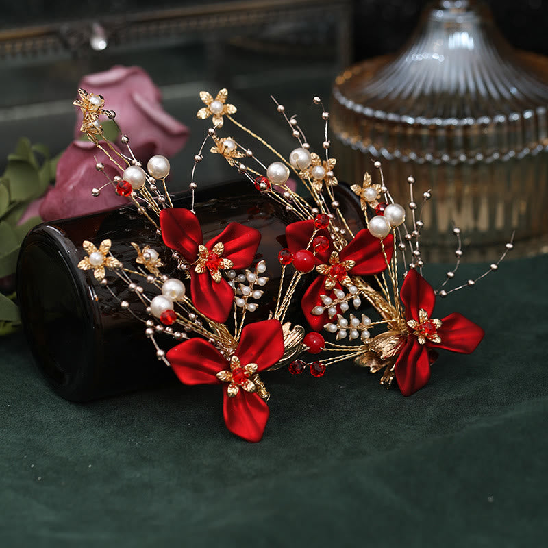 Traditional Red Floral Branch and Pearl Bridal Hair Clip Set