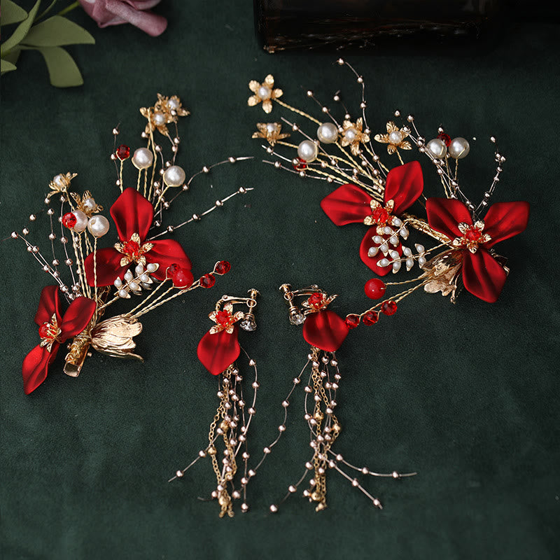 Traditional Red Floral Branch and Pearl Bridal Hair Clip Set