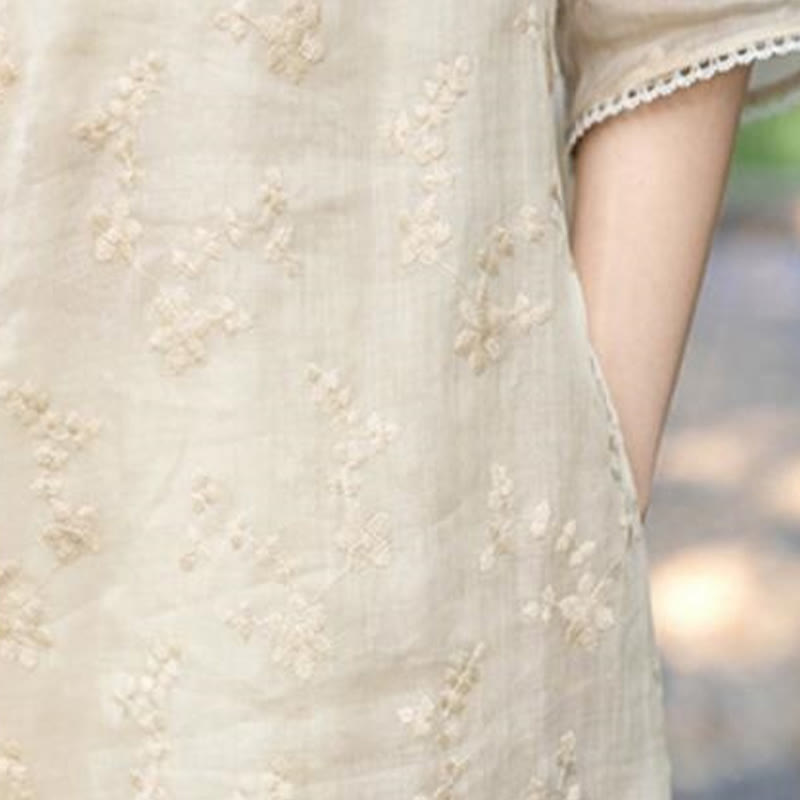 Ramie Slant-Collar Embroidered Mindful Midi Dress