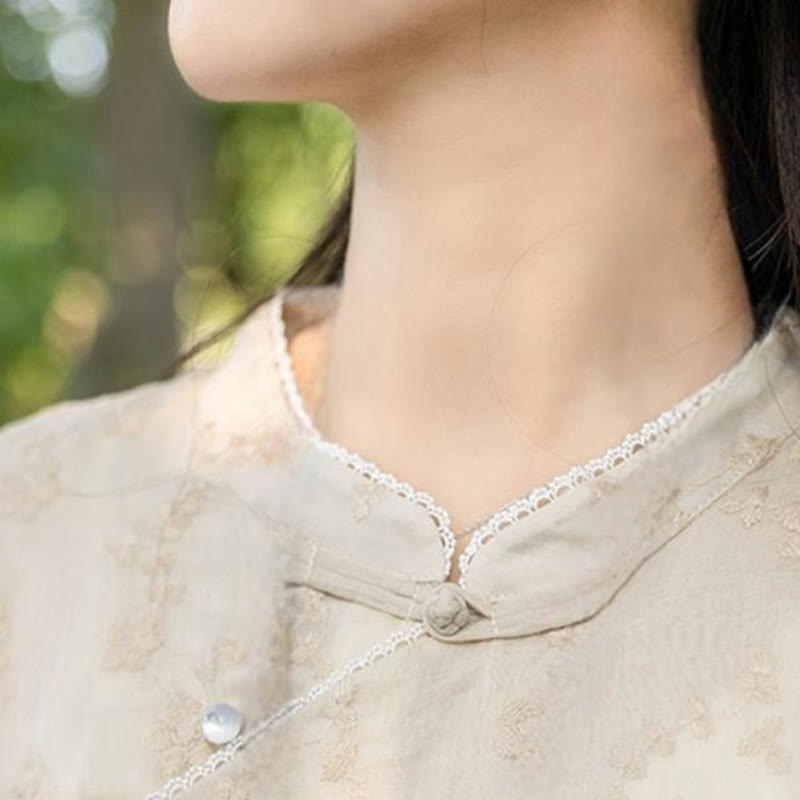 Ramie Slant-Collar Embroidered Mindful Midi Dress