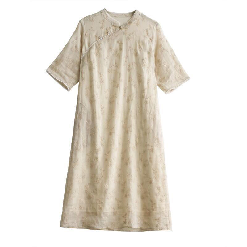 Ramie Slant-Collar Embroidered Mindful Midi Dress