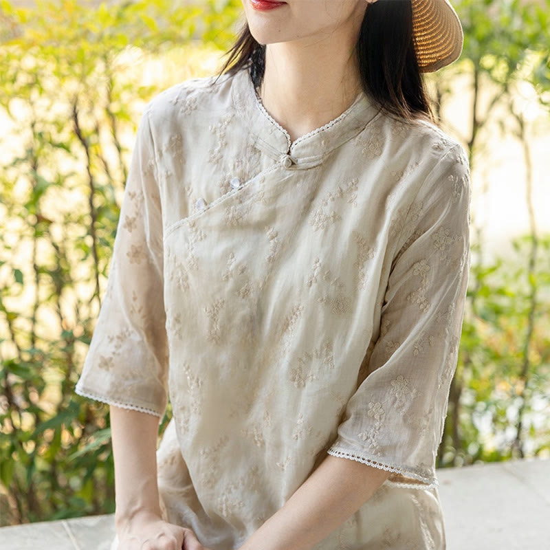 Ramie Slant-Collar Embroidered Mindful Midi Dress