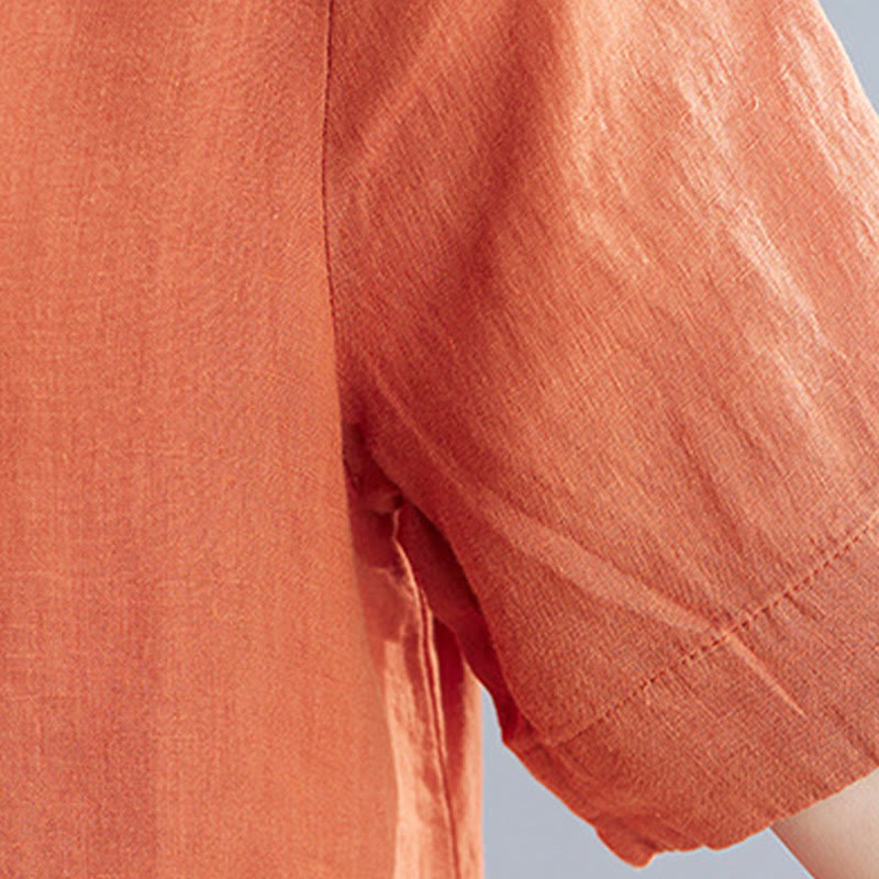 Casual Loose Solid Color Cotton Linen Crew Neck Half Sleeve Design Midi Dress With Pockets