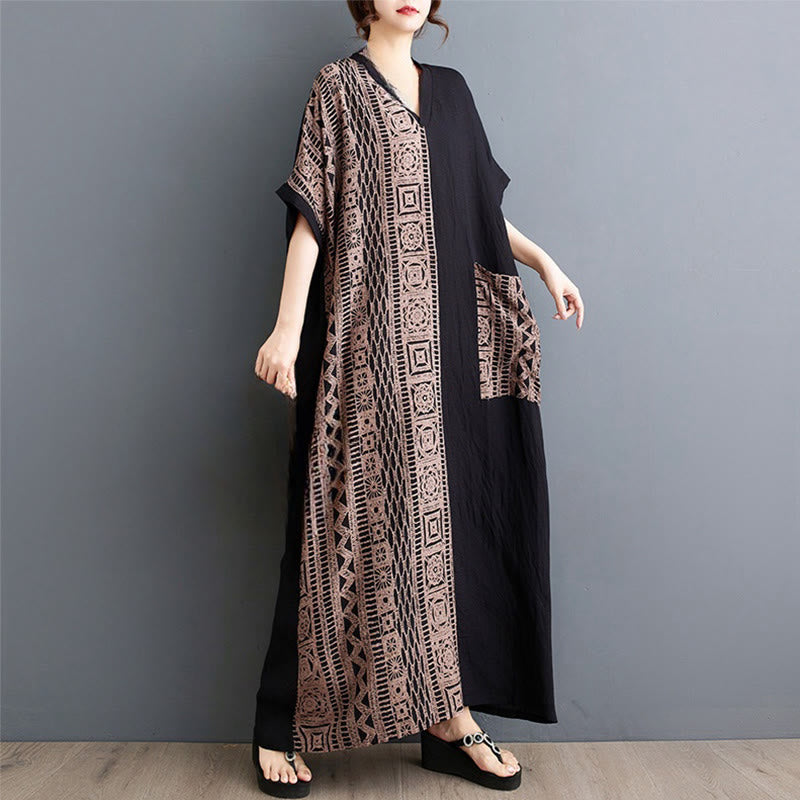 Casual Loose Printing Dyeing Cotton Linen V-neck Half Sleeve Design Midi Dress With Pockets
