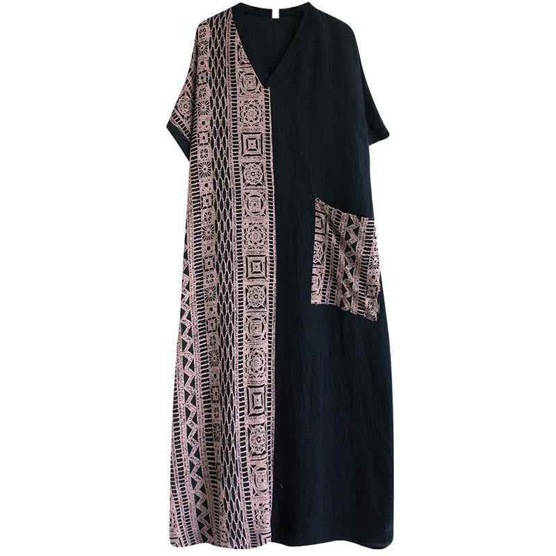 Casual Loose Printing Dyeing Cotton Linen V-neck Half Sleeve Design Midi Dress With Pockets