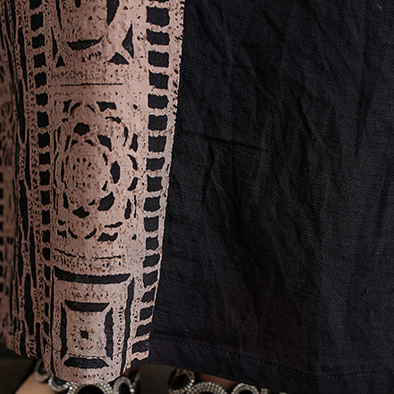 Casual Loose Printing Dyeing Cotton Linen V-neck Half Sleeve Design Midi Dress With Pockets