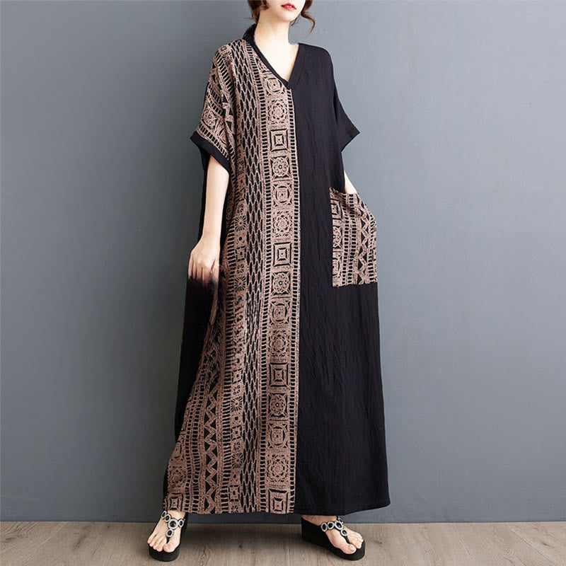 Casual Loose Printing Dyeing Cotton Linen V-neck Half Sleeve Design Midi Dress With Pockets