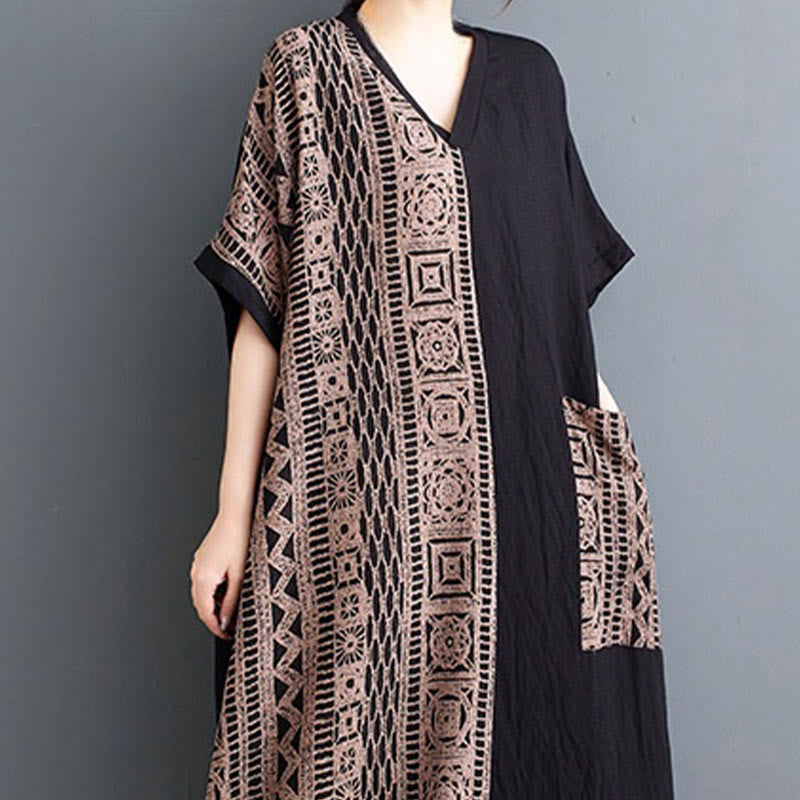 Casual Loose Printing Dyeing Cotton Linen V-neck Half Sleeve Design Midi Dress With Pockets