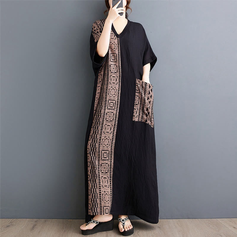 Casual Loose Printing Dyeing Cotton Linen V-neck Half Sleeve Design Midi Dress With Pockets