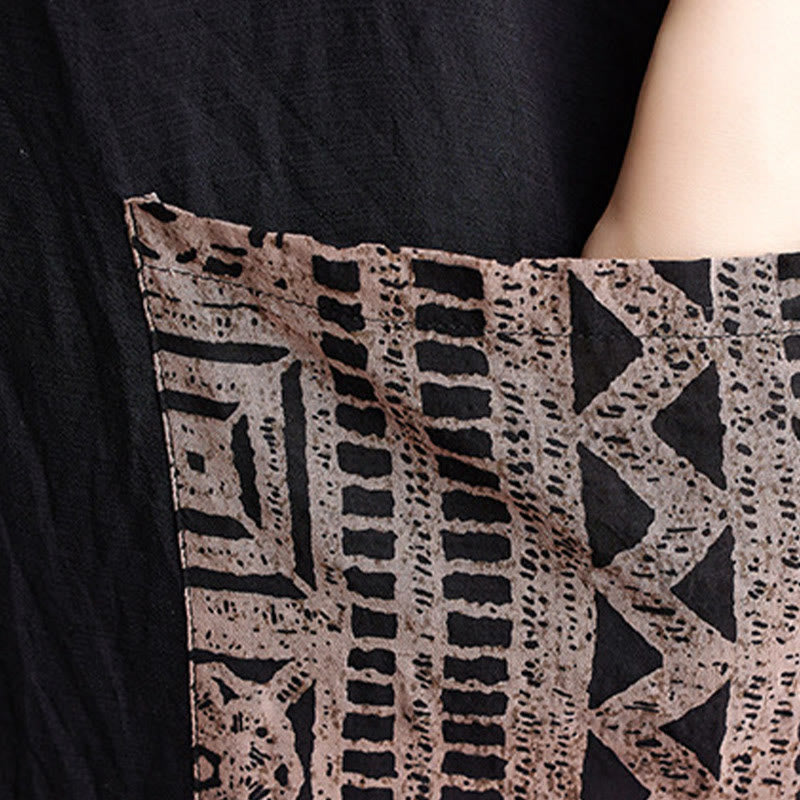 Casual Loose Printing Dyeing Cotton Linen V-neck Half Sleeve Design Midi Dress With Pockets