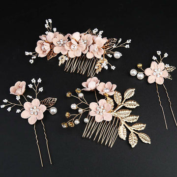 4Pcs Handmade Wedding Golden Leaf Flower Pearl Hairpin Hair Comb Set