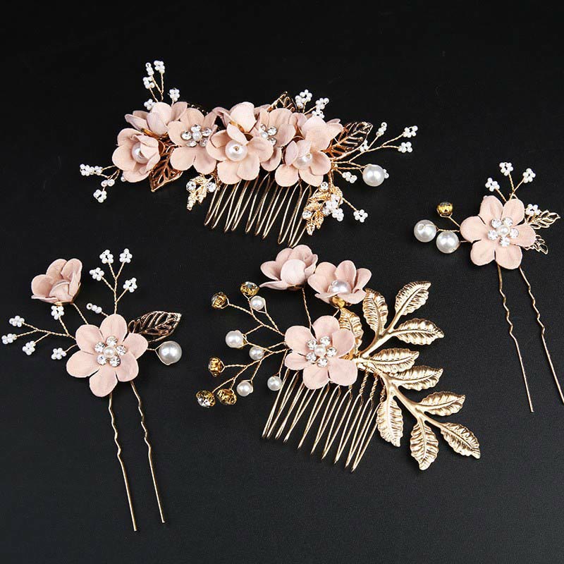 4Pcs Handmade Wedding Golden Leaf Flower Pearl Hairpin Hair Comb Set