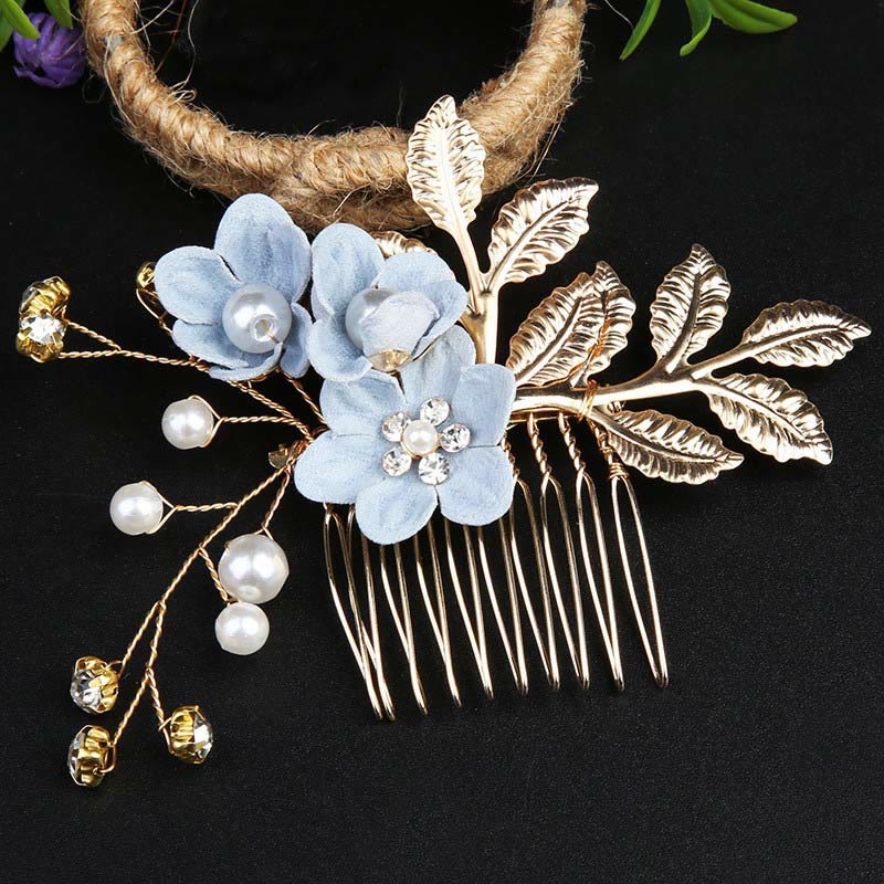 4Pcs Handmade Wedding Golden Leaf Flower Pearl Hairpin Hair Comb Set