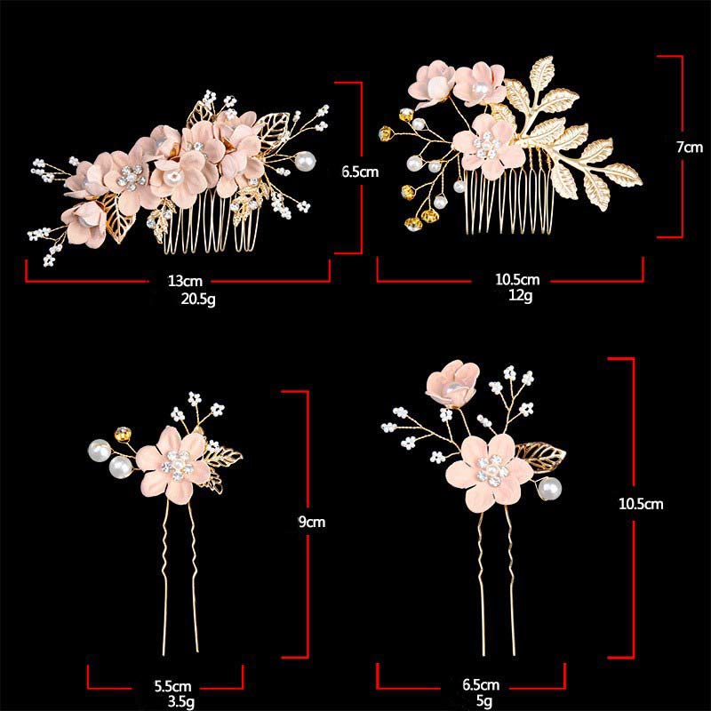4Pcs Handmade Wedding Golden Leaf Flower Pearl Hairpin Hair Comb Set