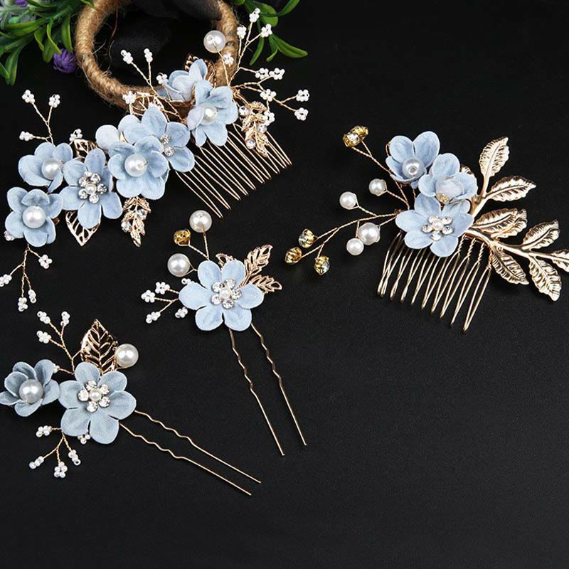 4Pcs Handmade Wedding Golden Leaf Flower Pearl Hairpin Hair Comb Set
