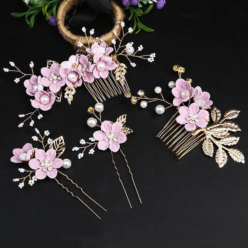 4Pcs Handmade Wedding Golden Leaf Flower Pearl Hairpin Hair Comb Set