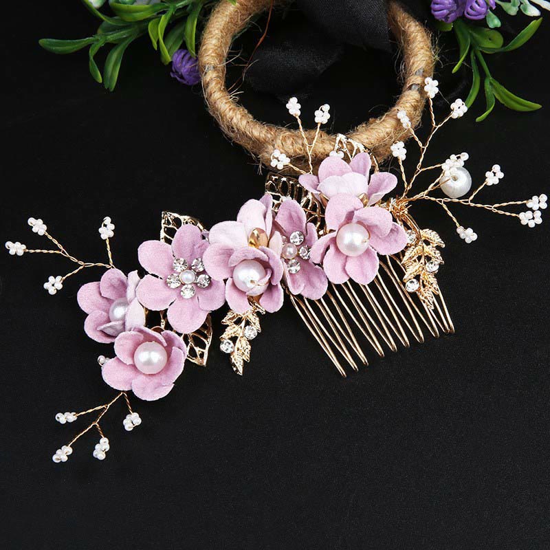 4Pcs Handmade Wedding Golden Leaf Flower Pearl Hairpin Hair Comb Set