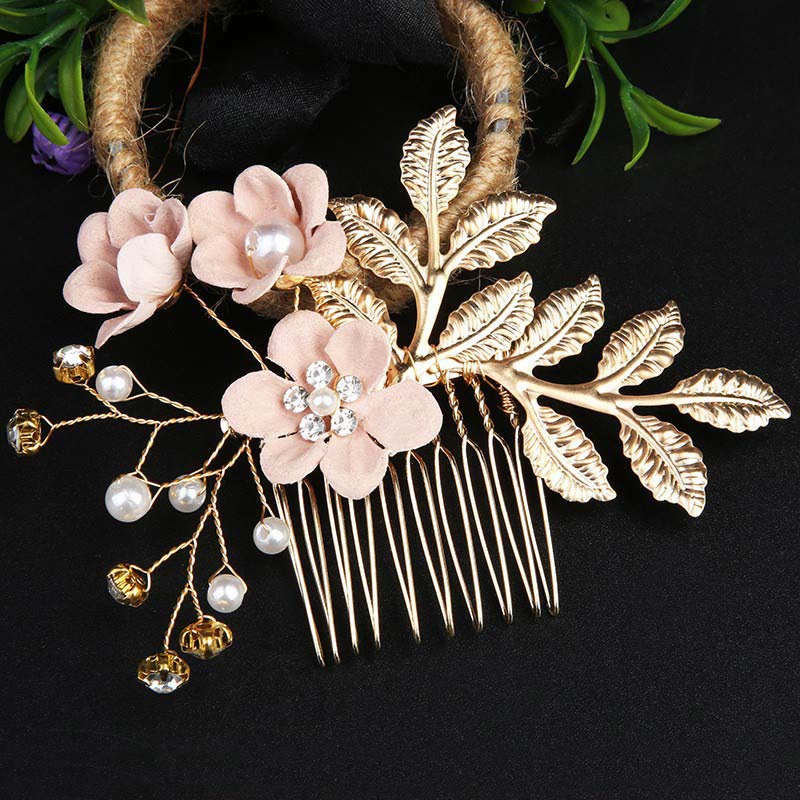 4Pcs Handmade Wedding Golden Leaf Flower Pearl Hairpin Hair Comb Set