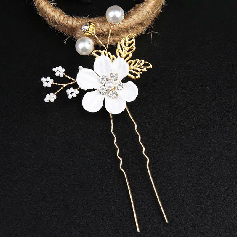 4Pcs Handmade Wedding Golden Leaf Flower Pearl Hairpin Hair Comb Set