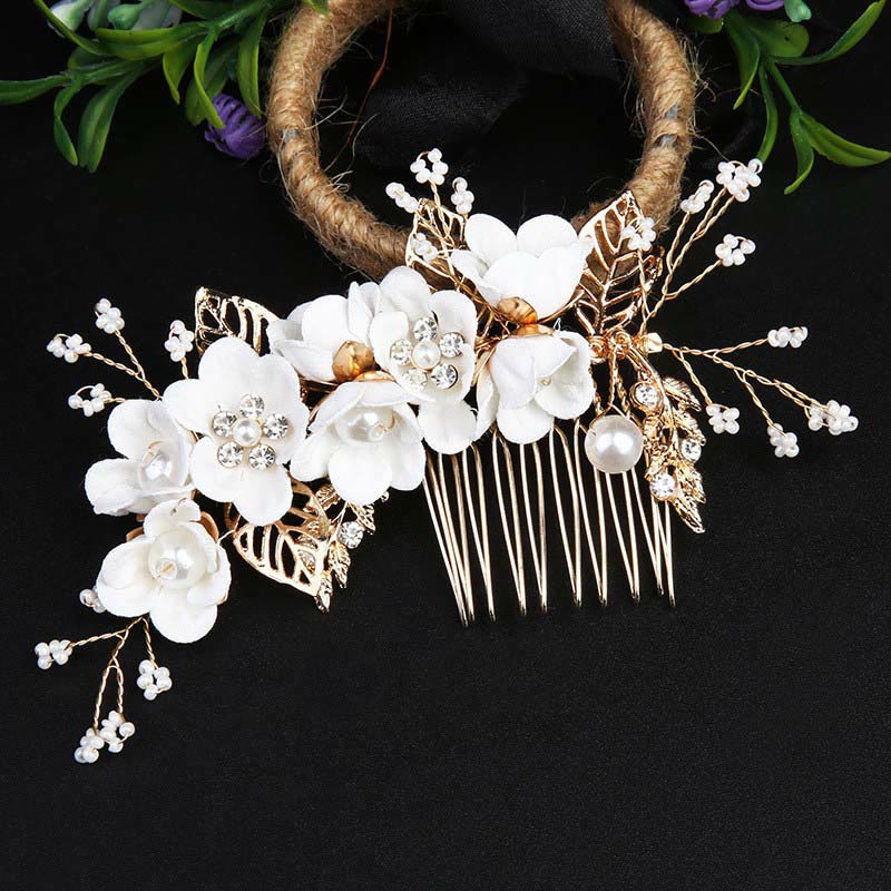 4Pcs Handmade Wedding Golden Leaf Flower Pearl Hairpin Hair Comb Set