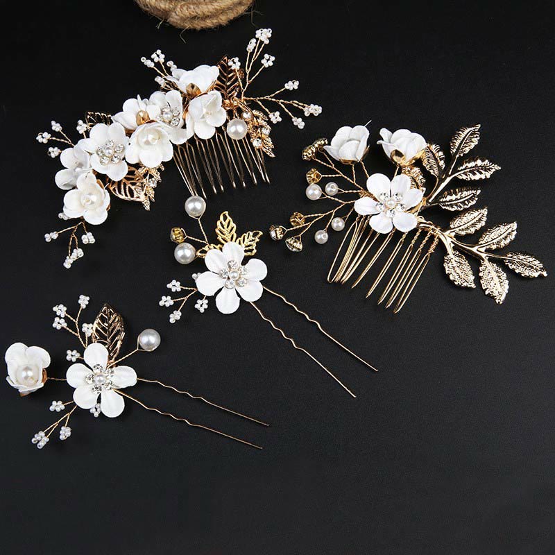 4Pcs Handmade Wedding Golden Leaf Flower Pearl Hairpin Hair Comb Set