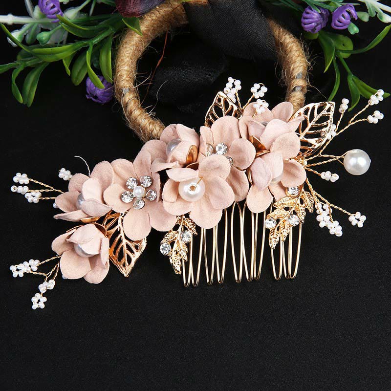4Pcs Handmade Wedding Golden Leaf Flower Pearl Hairpin Hair Comb Set