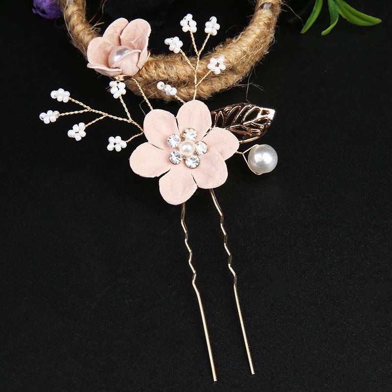 4Pcs Handmade Wedding Golden Leaf Flower Pearl Hairpin Hair Comb Set