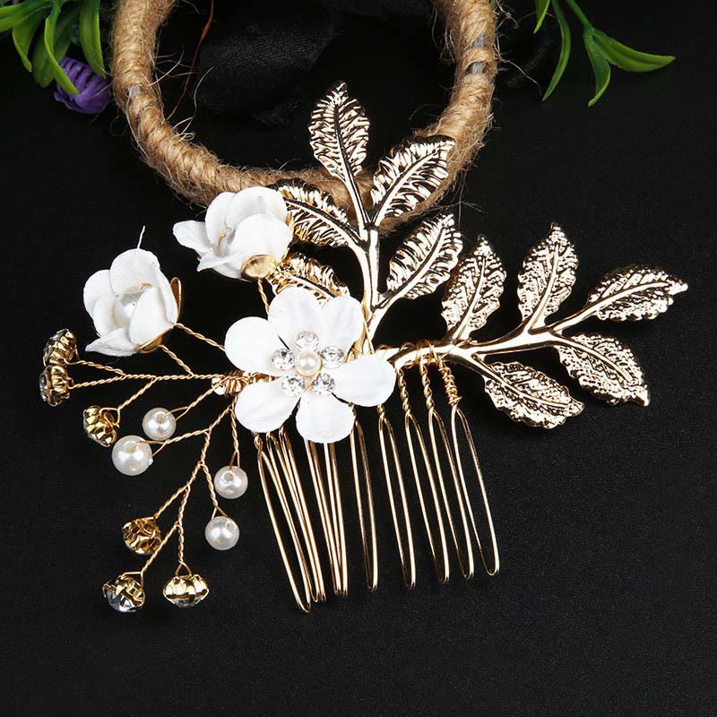 4Pcs Handmade Wedding Golden Leaf Flower Pearl Hairpin Hair Comb Set