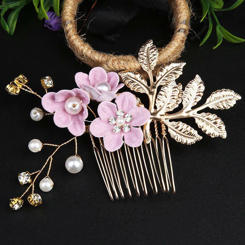 4Pcs Handmade Wedding Golden Leaf Flower Pearl Hairpin Hair Comb Set