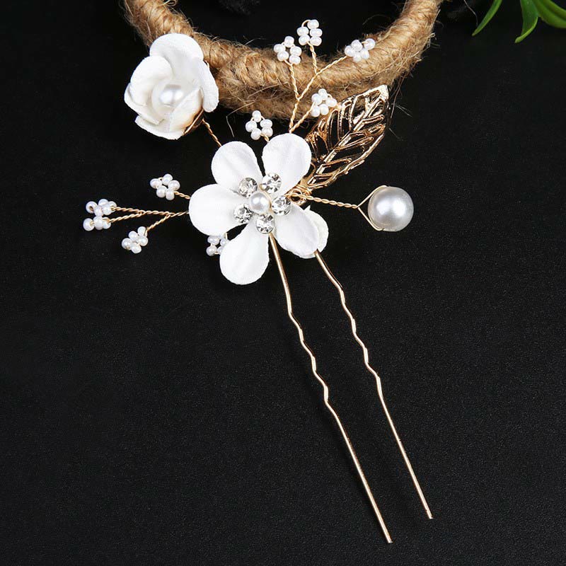 4Pcs Handmade Wedding Golden Leaf Flower Pearl Hairpin Hair Comb Set