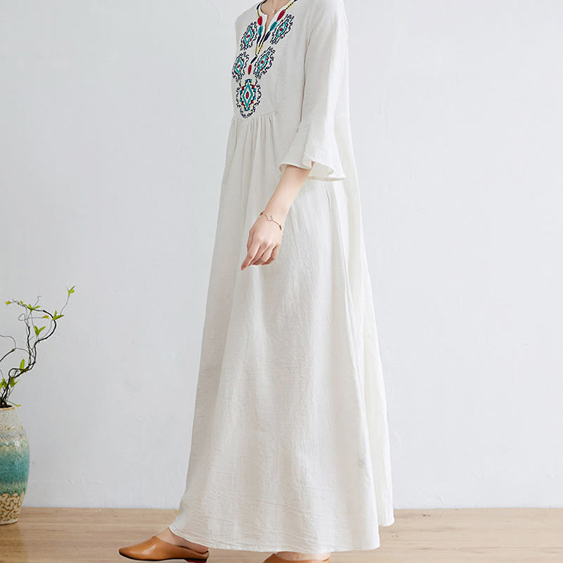 Casual Embroidered Flower Pattern V-neck Three Quarter Sleeve Design Cotton Linen Midi Dress