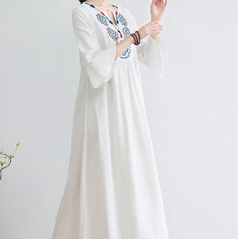 Casual Embroidered Flower Pattern V-neck Three Quarter Sleeve Design Cotton Linen Midi Dress