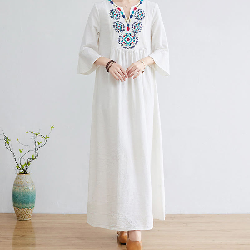 Casual Embroidered Flower Pattern V-neck Three Quarter Sleeve Design Cotton Linen Midi Dress