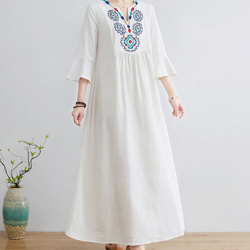 Casual Embroidered Flower Pattern V-neck Three Quarter Sleeve Design Cotton Linen Midi Dress