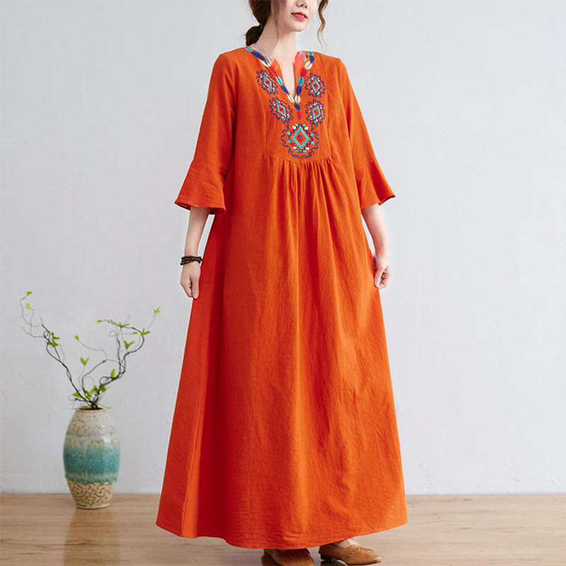 Casual Embroidered Flower Pattern V-neck Three Quarter Sleeve Design Cotton Linen Midi Dress