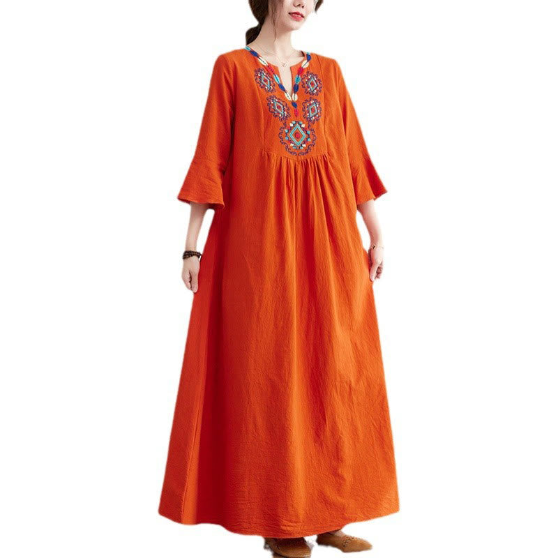 Casual Embroidered Flower Pattern V-neck Three Quarter Sleeve Design Cotton Linen Midi Dress