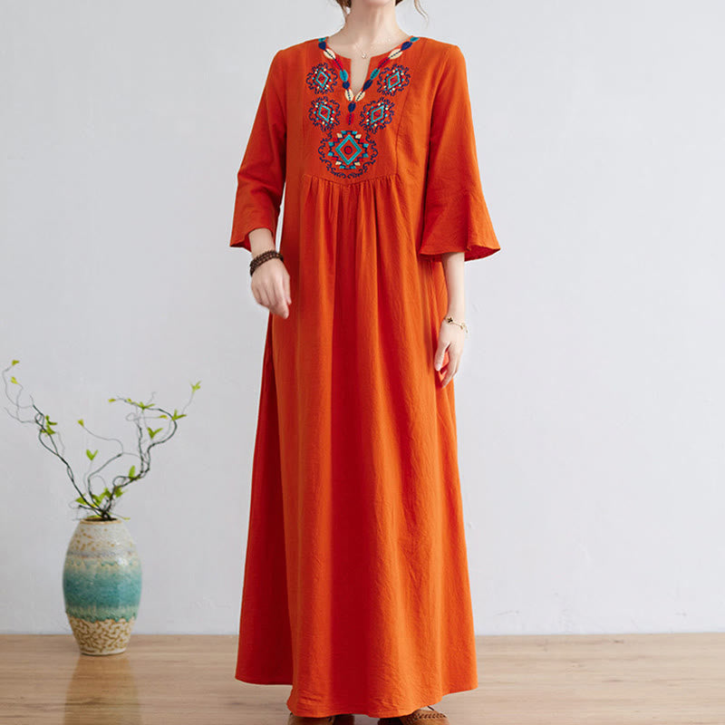 Casual Embroidered Flower Pattern V-neck Three Quarter Sleeve Design Cotton Linen Midi Dress