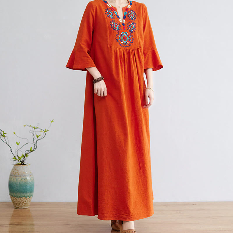 Casual Embroidered Flower Pattern V-neck Three Quarter Sleeve Design Cotton Linen Midi Dress